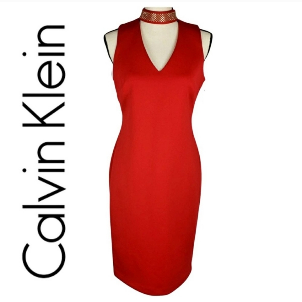 CALVIN KLEIN Red Choker V-neck Cutout Scuba Dress